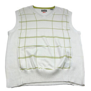 AUR Men's White Golf Sweater Vest with Green Grid Pattern